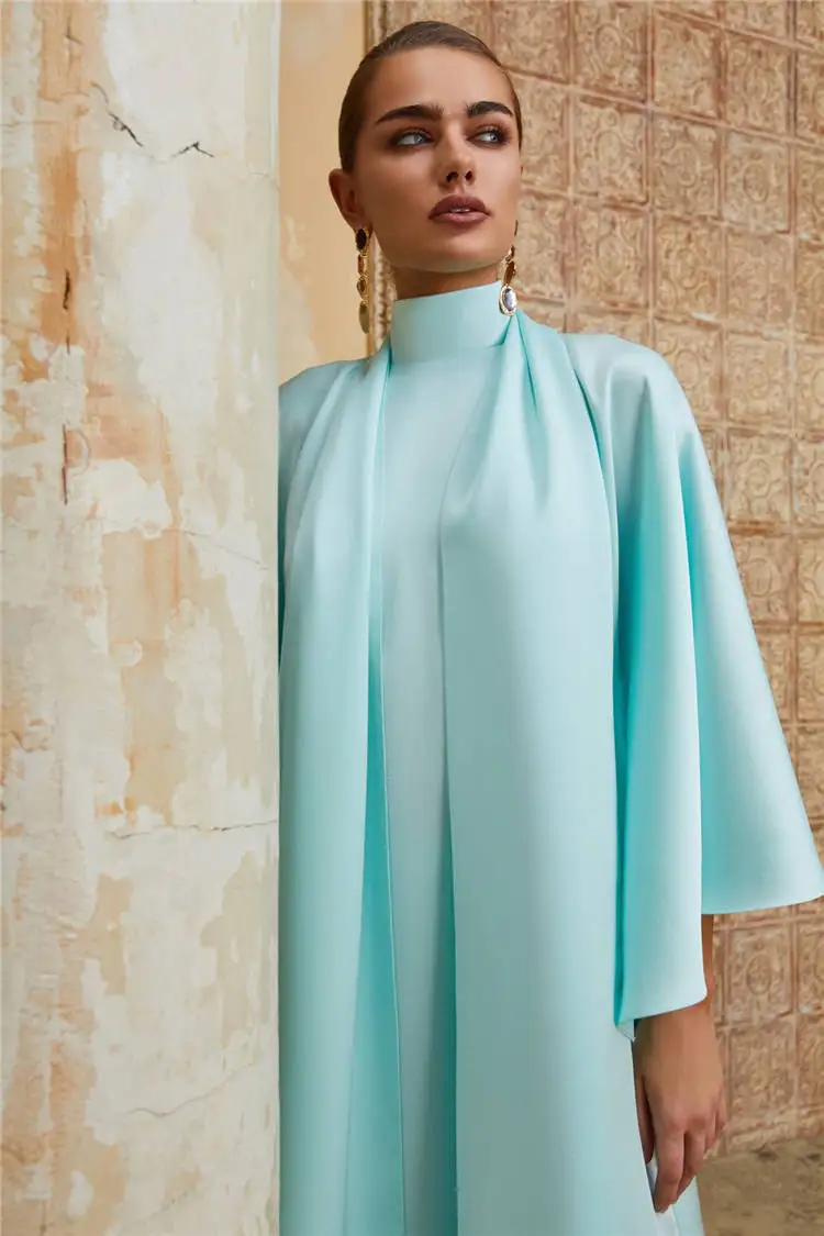 Islamic Prayer Ethnic Clothing High Quality Bow Collar Batwing Sleeve Solid Satin Muslim Abaya Dress Ramadan Festival Dubai Robe