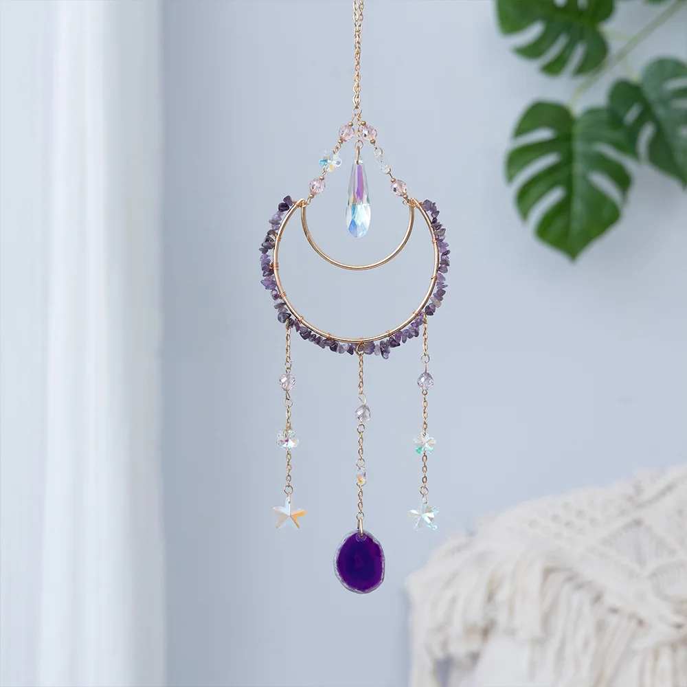 Natural Amethyst Agate Slice Hanging Moon Sun Catcher Crystal Wind Chimes Indoor Outdoor Home Garden Decor