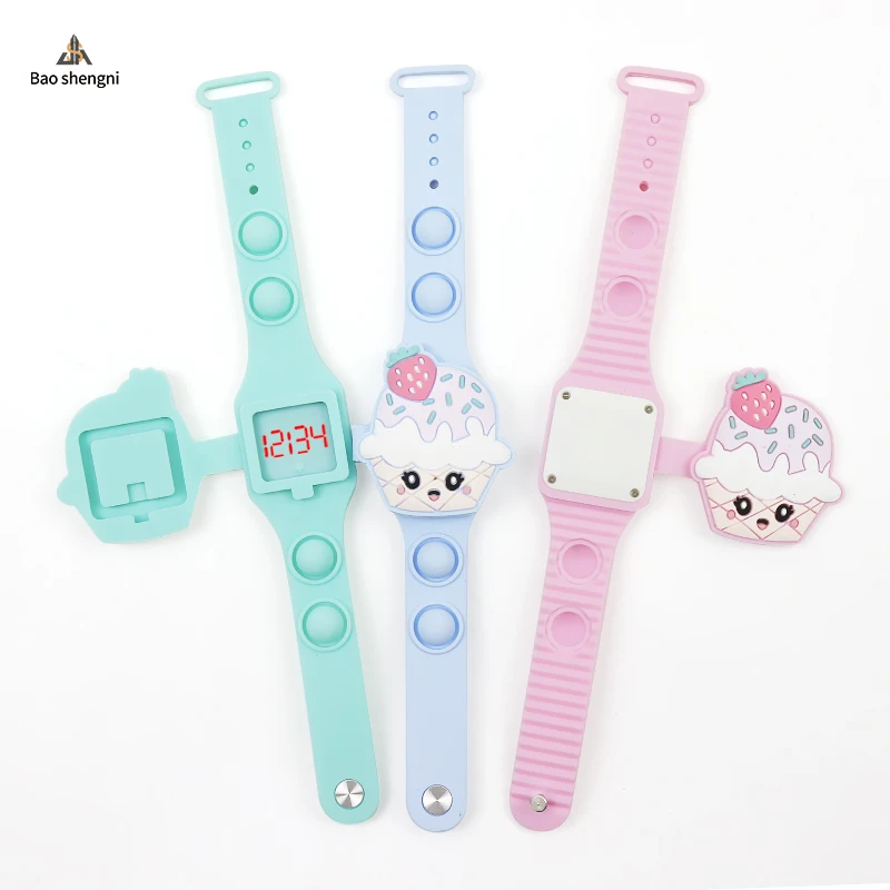 Manufacturers Wholesale Cartoon Monochrome Decompression snap button Watch Children Strawberry Ice Cream Flip Cover LED Watch