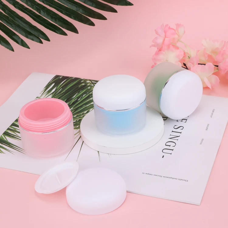 Double wall clear frosted plastic cosmetic jars body scrub skincare unique colorful frosted plastic jars cosmetic