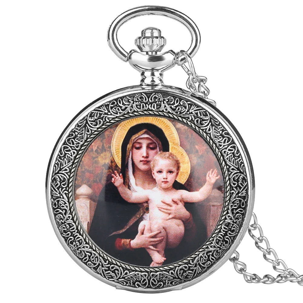 Virgin Mary And Baby Jesus Antique Clock Silver Metal Hunter Case Quartz Pocket Watch For Gift