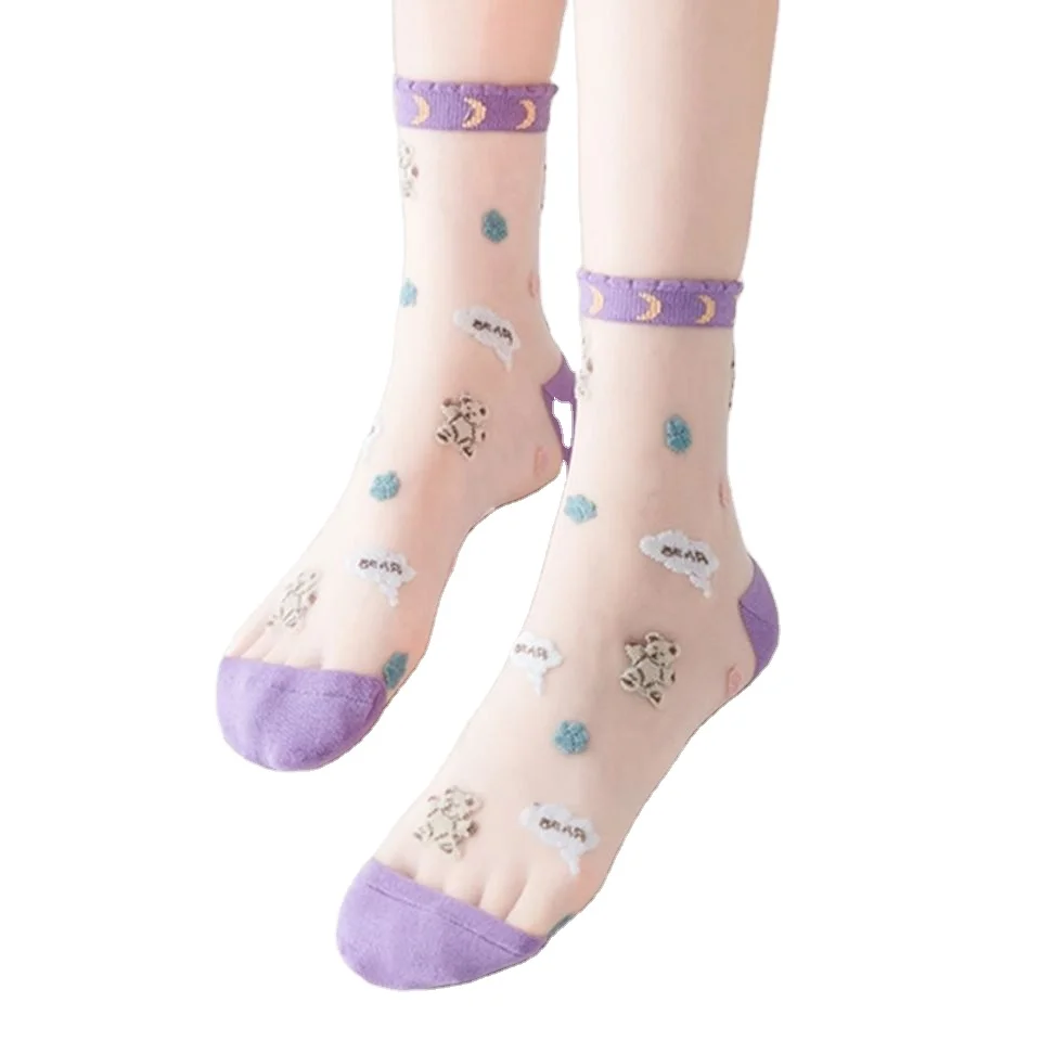 Wholesale Summer Girls Transparent Glass Fiber Thin Socks Jacquard Crystal Fiber Long Stockings for Women