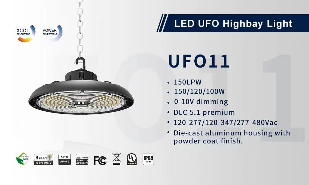 2023 DLC listed 5 Years warranty  3CCT and wattage changeable 100w 150w ufo led high bay light 200w high bay light