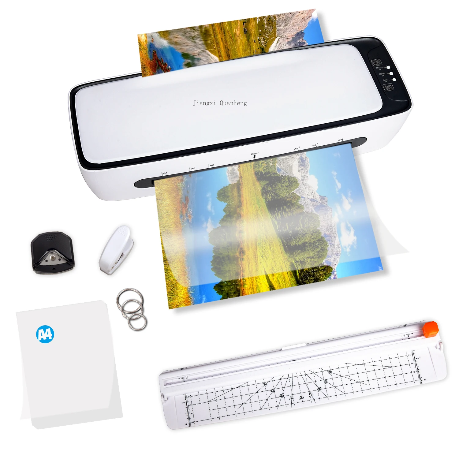 Personal Desktop 9 Inch  7-IN-1 Hot and Cold Laminator  A4 with Paper Cutter, Corner Rounder,Puncher ,Metal Ring and Pouch film