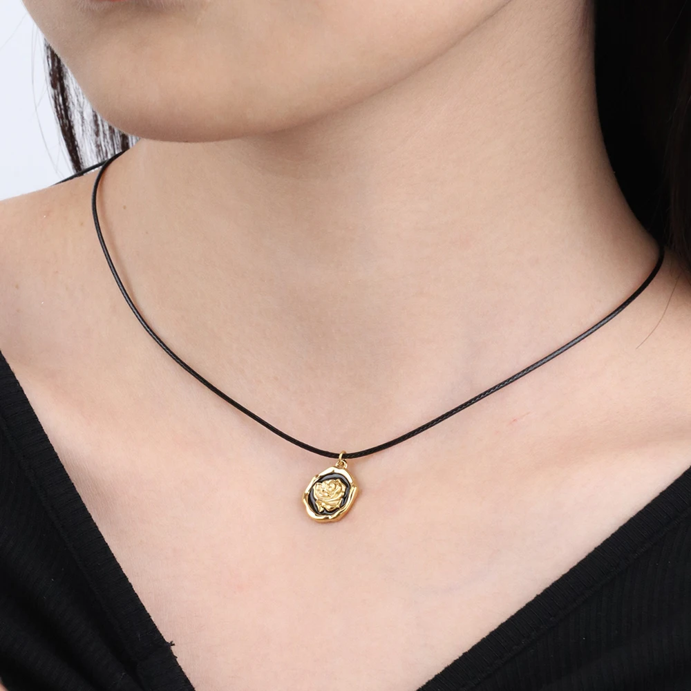 Chris April PVD gold plated 316L stainless steel hand crafting black enamel rose cameo pendant necklace