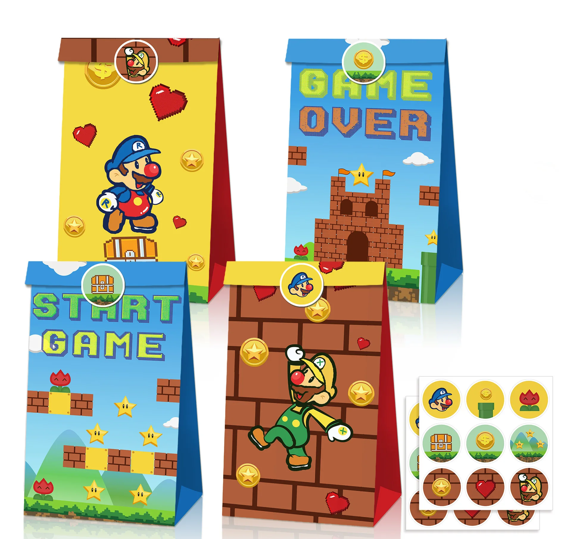 2023 Mario Candy Bag Toad Luigi Handbag 12pcs bags+18 stickers Mario START GAME OVER Sets Kraft Paper Gift Bag For Kids