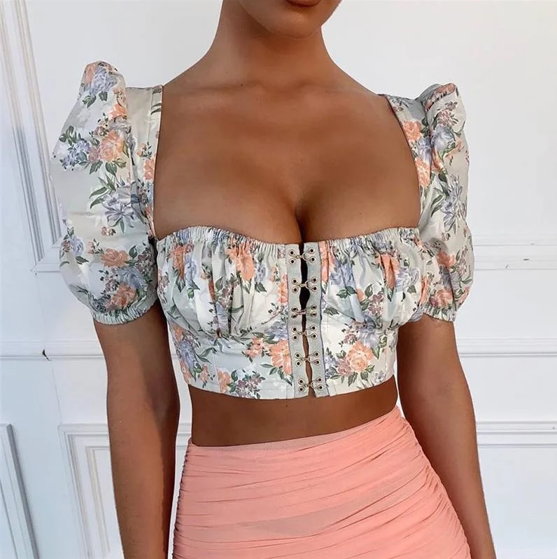 
Latest 100% Polyester Floral Printed Square Neck Women Short Sleeve Crop T-shirts 