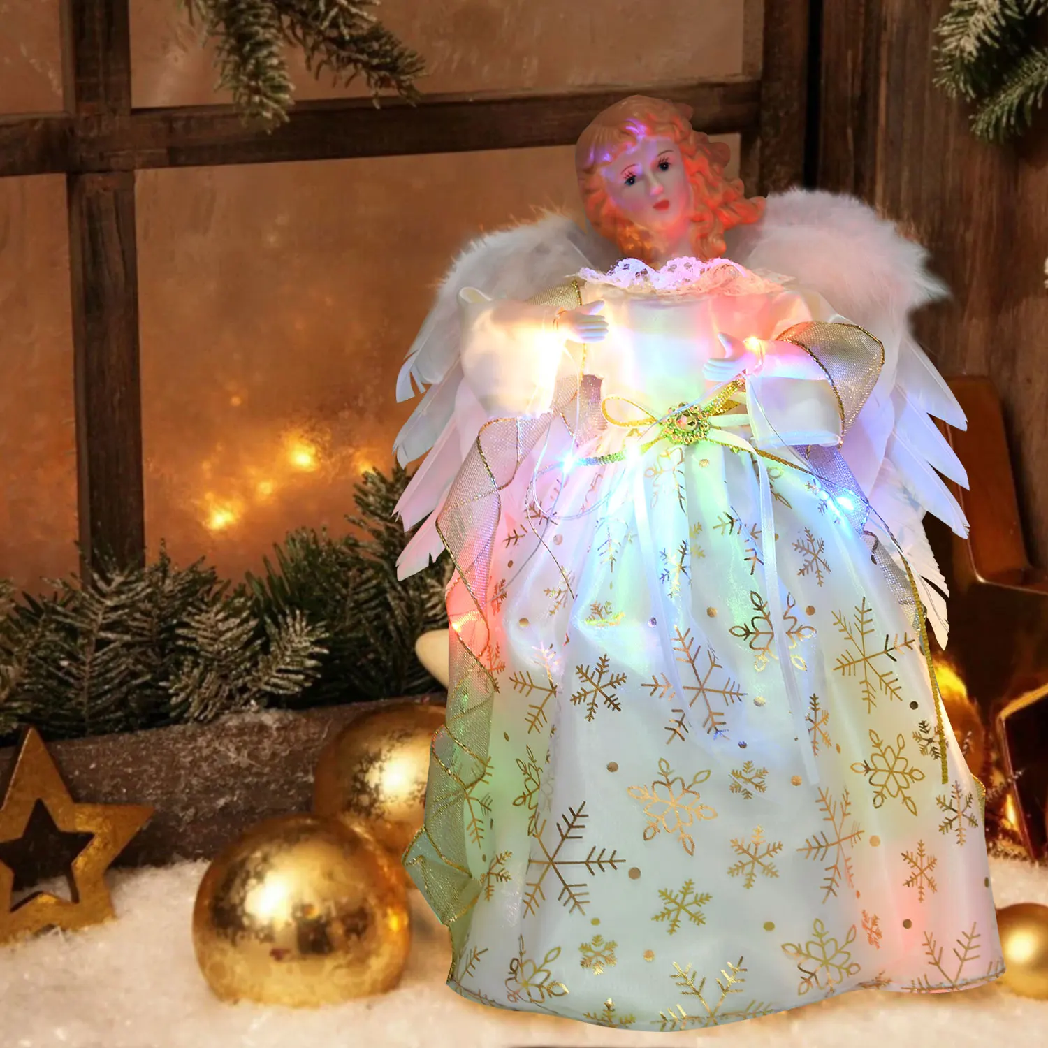 Elegant Christmas Tree Topper Angel With Real Feather Wing Christmas Tree Ornaments & Toppers