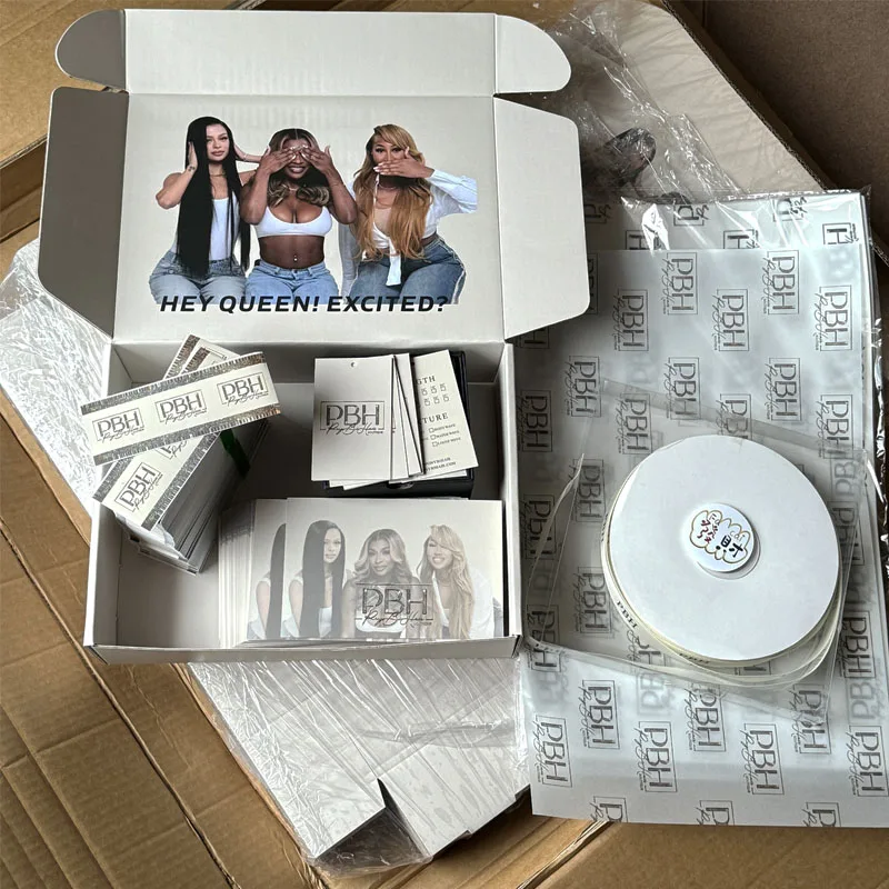 Custom All Kinds of Packaging Wig Box Edge Brush Thank You Cards Hair Packaging Set with Ribbon