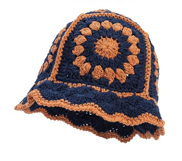 Fashion Fall Winter Wholesale Cotton Acrylic Custom Flowers Design Multi Color Hand Knit Crocheted Bucket Hat