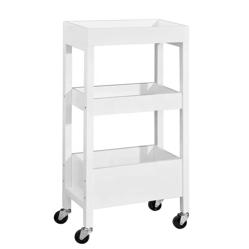 Quality best selling excellent quality reliable multi purpose wooden white food serving trolley for home with 3 layers and wheel