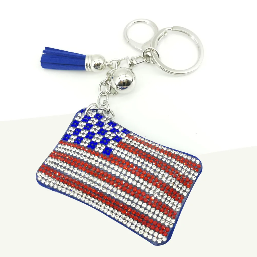 Custom Crystal Diamonds American USA Texas Flag Keychain Bling Purse Charm Backpack Key Rhinestone Puffy Keychain and bracelets