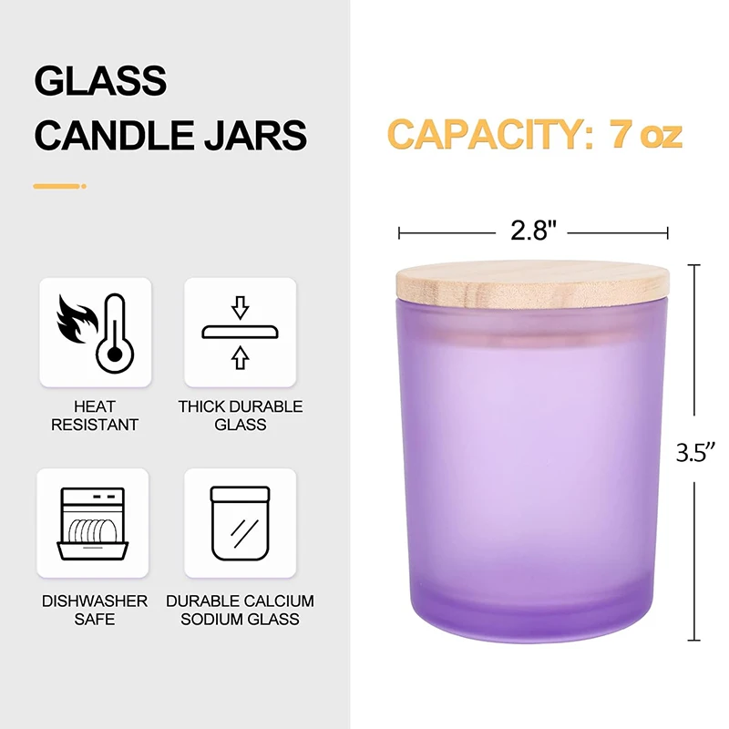 7 OZ Thick Frosted Purple Color Glass Candle Jars Candle Containers 200ml Empty Jars with Wood Lids for Candle Making