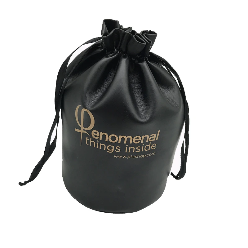 
Custom Brand Logo Acceptable Black PU Round bottom Gift Pouches Drawstring Leather Cosmetic Sets Bags 