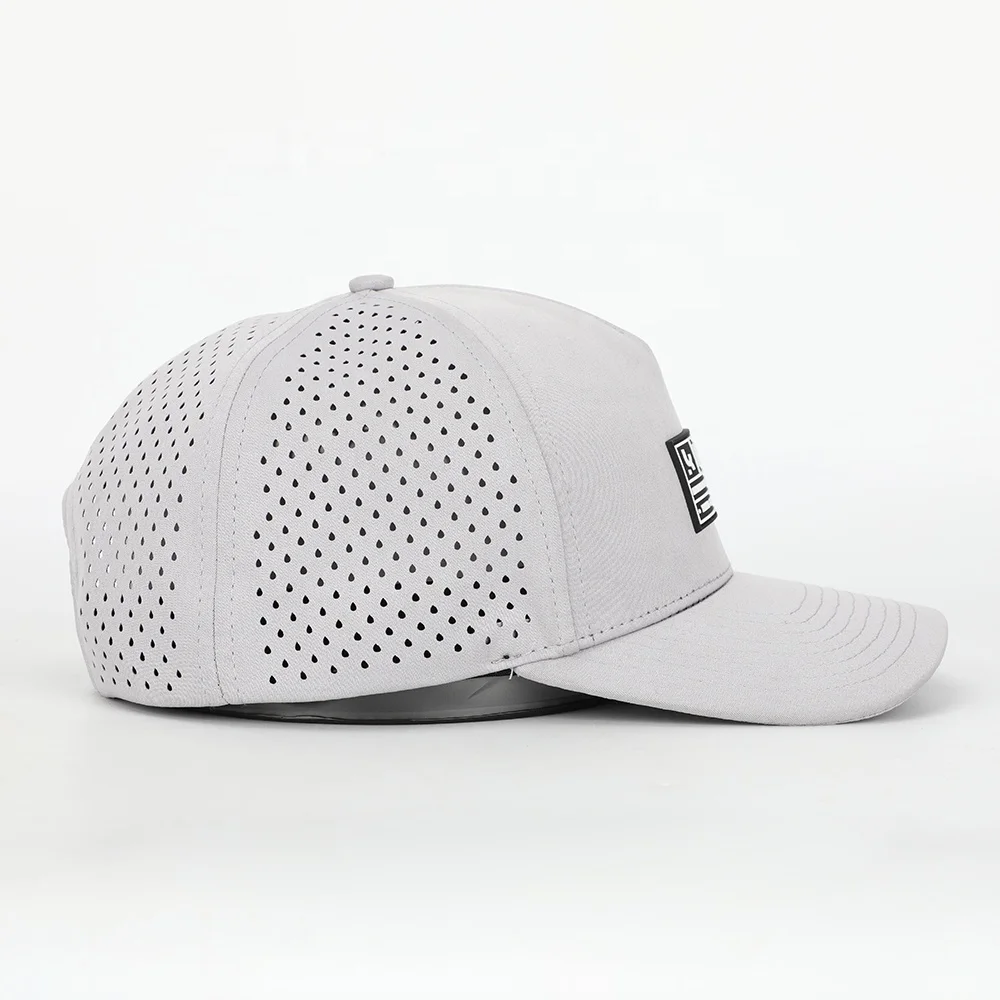 Wholesale Custom PVC Patch Logo 5 Panel Running Sport Laser Cut Hole Gorras Dad Hat Polyester Golf Performance Baseball Cap