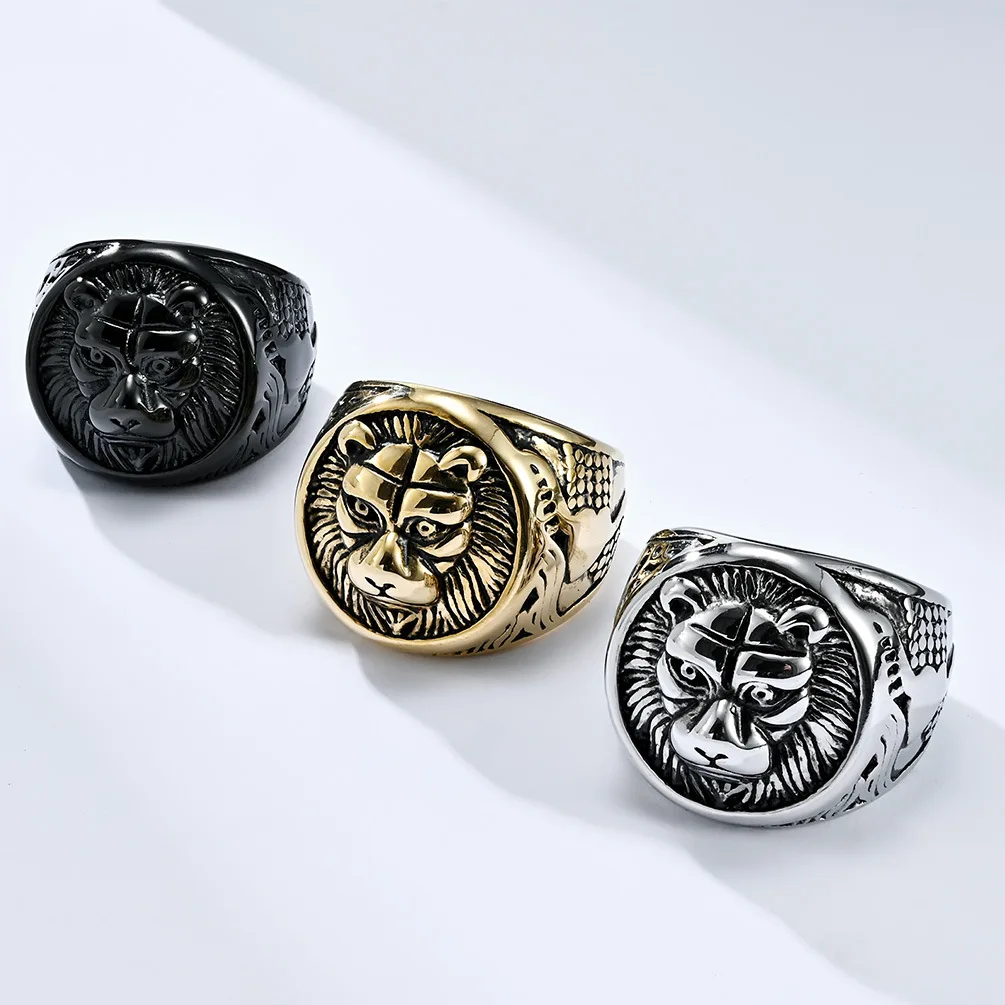 Hip Hop Round Flat Top Animal Pattern Rings for Men 18K Gold Plated Stainless Steel Lion Head Relief Finger Rings