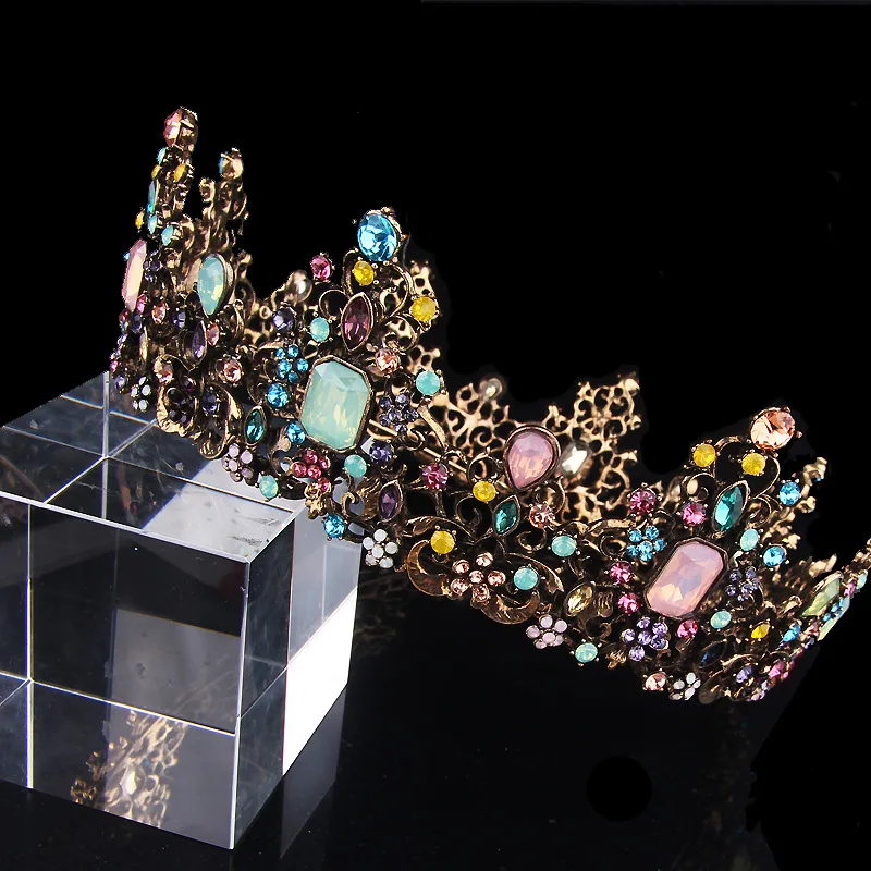 Big alloy crown retro gold inlaid colorful diamond princess crown hair accessories hot sale headwear