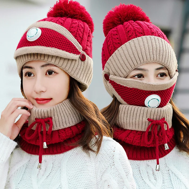Winter cycling cap earmuffs wool cap mask neck knitted warm breathing valve three-piece