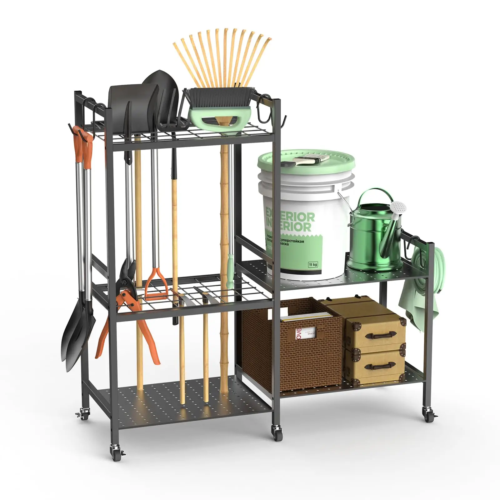 Outdoor 6 Hooks 2-Tier Metal Shelves Garden Tool Storage Rack Yard Tool Organizer Cart Garden Tool Organizer