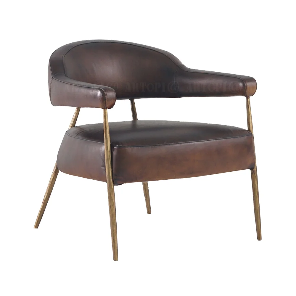 THADDEUS Hand forged Metal Frame top grain leather armchair Luxury Living room Factory customization