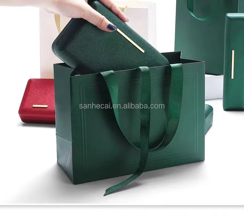 Custom Handmade Ivory Board Kraft Paper Bag with Ribbon Embossing for Jewelry & Cosmetic Boutique Gift Packing
