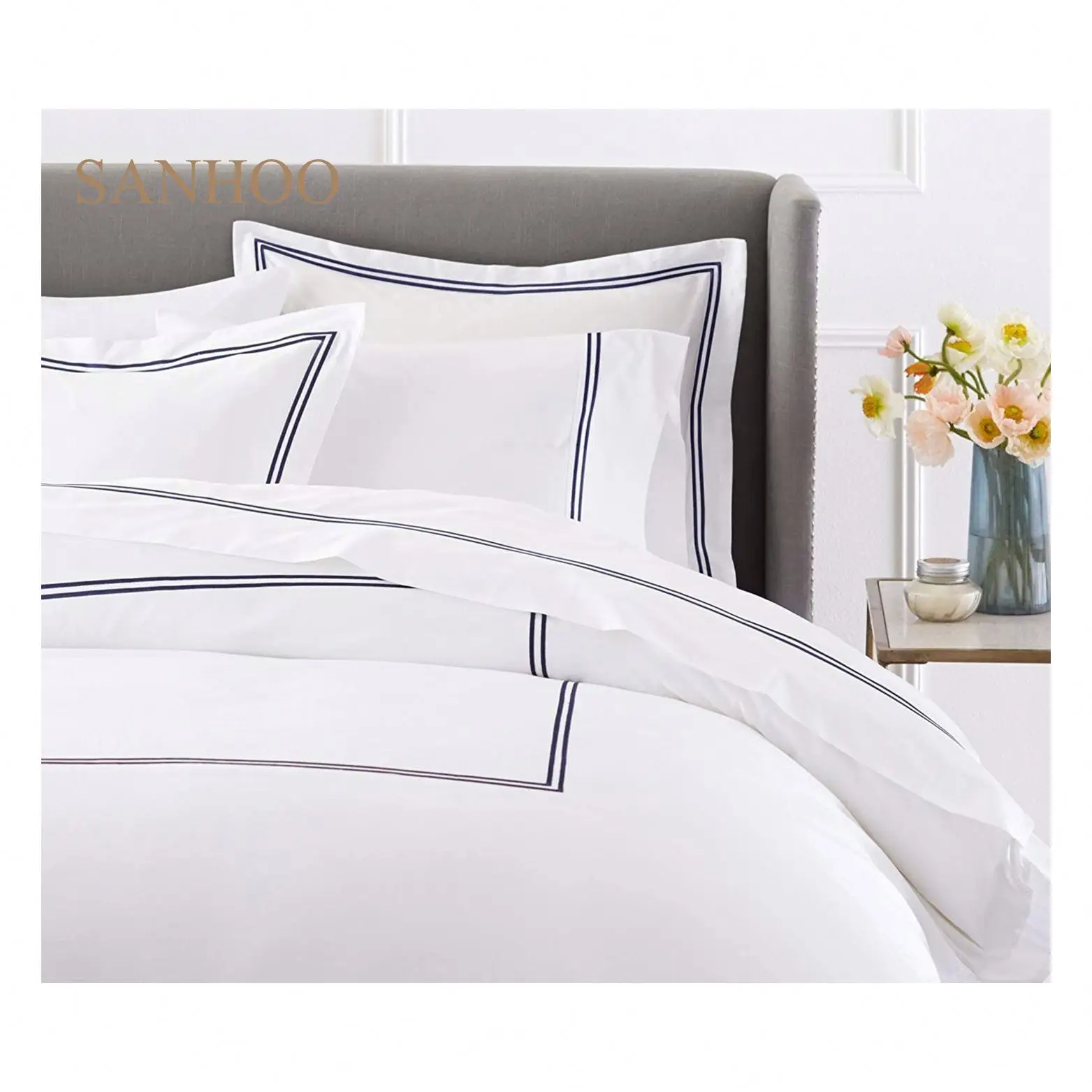 SANHOO Luxury 100 Cotton 5 Star Hotel Bedding 400 Thread Count Queen Hilton White Fitted Bedsheet Set