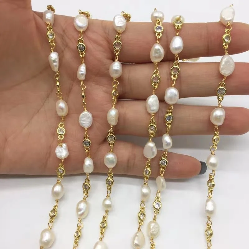 Hotselling Gold Plating Copper Wire Wrapped Natural Pearl and  Zircon Beads Rosary Chain Jewelry