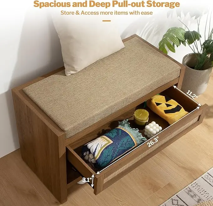Rattan Shoe Cabinet Entryway Cabinet with Storage Drawer and Linen Seat Cushion for Entryway Hallway and Bedroom