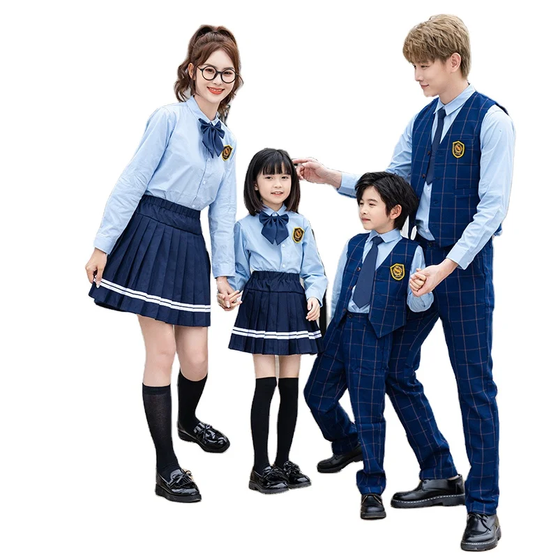 1set custom logo  girls navy plaid vest+blue shirt+navy pleated skirt/pants Design School uniform British style Kids clothing