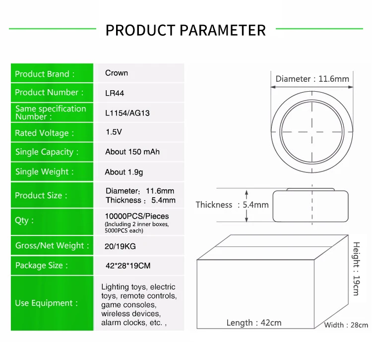 CROWN C LR44 A76 1.5V Alkaline button Cell Battery with KC certificate for the south korean market