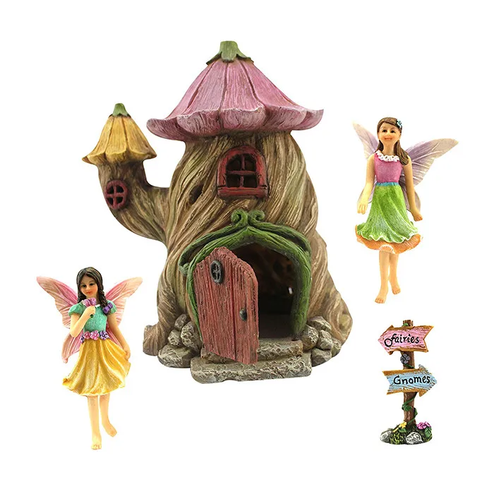 Fairy Garden House Kit Hand Painted with Opening Doors and Miniature Fairy Figurine With Accessories Indoor Outdoor Set for Home