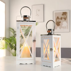 Набор из 2 белых квадратных деревянных стеклянных свечных фонарей с ручкой из нержавеющей стали для внутреннего наружного украшения