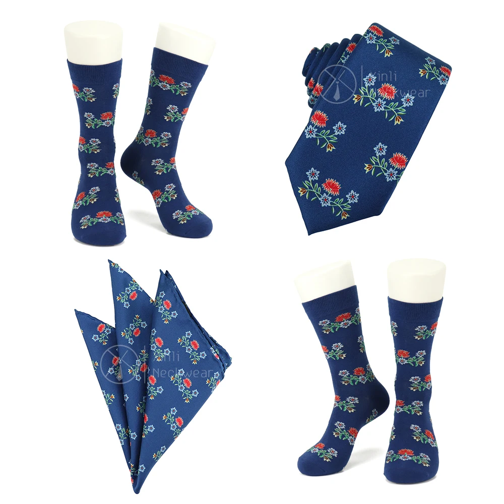 Exquisite Good Quality Silk Cotton Necktie Pocket Square Socks Custom Navy Blue Flower Print Men Gift Set with Tie