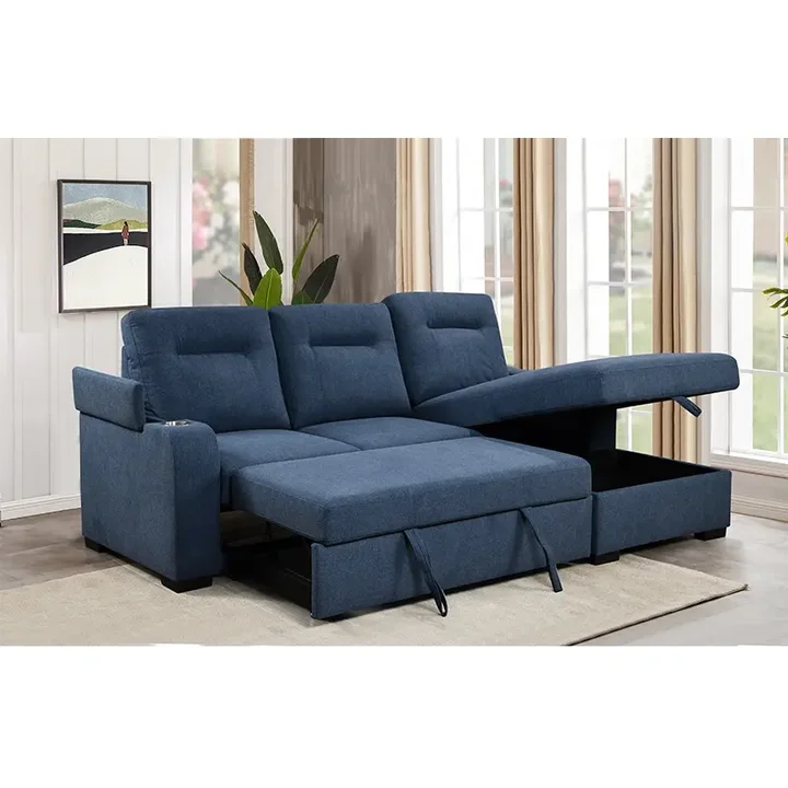 New Design Space saving Sofa beds Fabric Material  L shape Functional Living room furniture Linen blue sofa bed