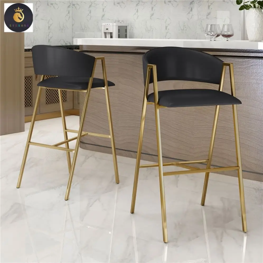 Modern Design Stainless Steel Cafe Bar Stool Black Pu Cushion Bar Chair in Golden Legs for Restaurant