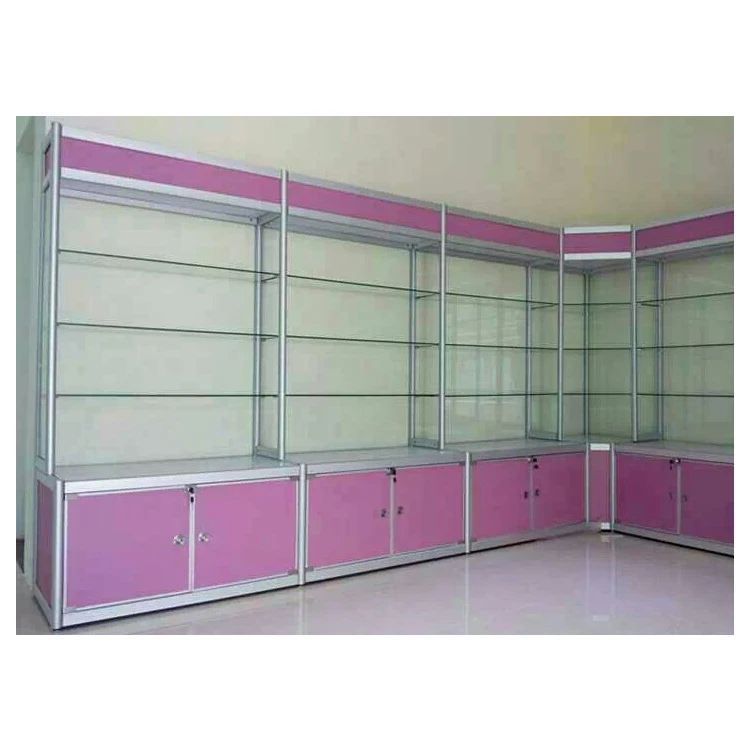 Aluminum frame silver pink color glass and MDF corner showcase design with storage cabinet