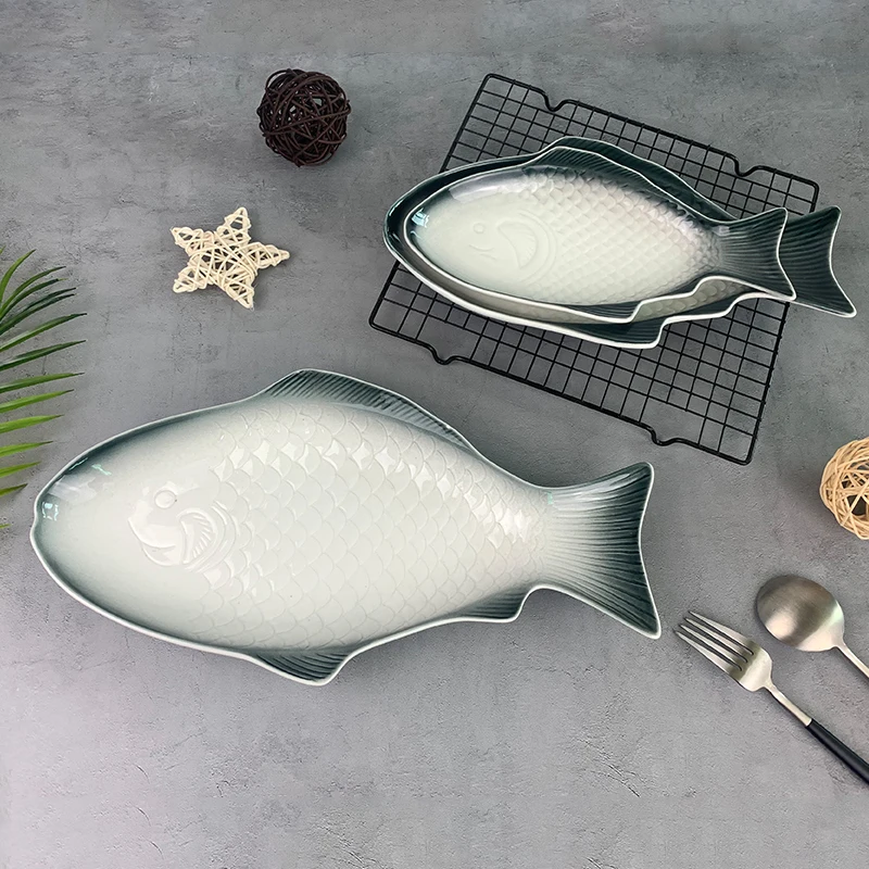 Wholesale Modern Green Kiln Changing Fish Plate Oval Ceramic Plates for Hotel