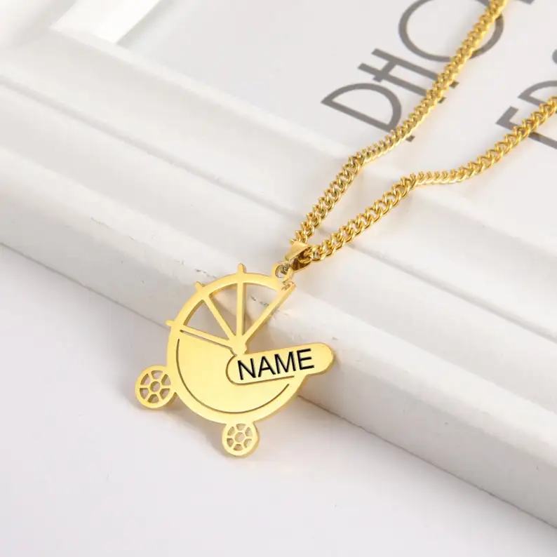 Stainless Steel Gold Plated Baby Pram Stroller Pendant Necklace, Personalized Jewelry, Gift For New Mom (1600469902729)