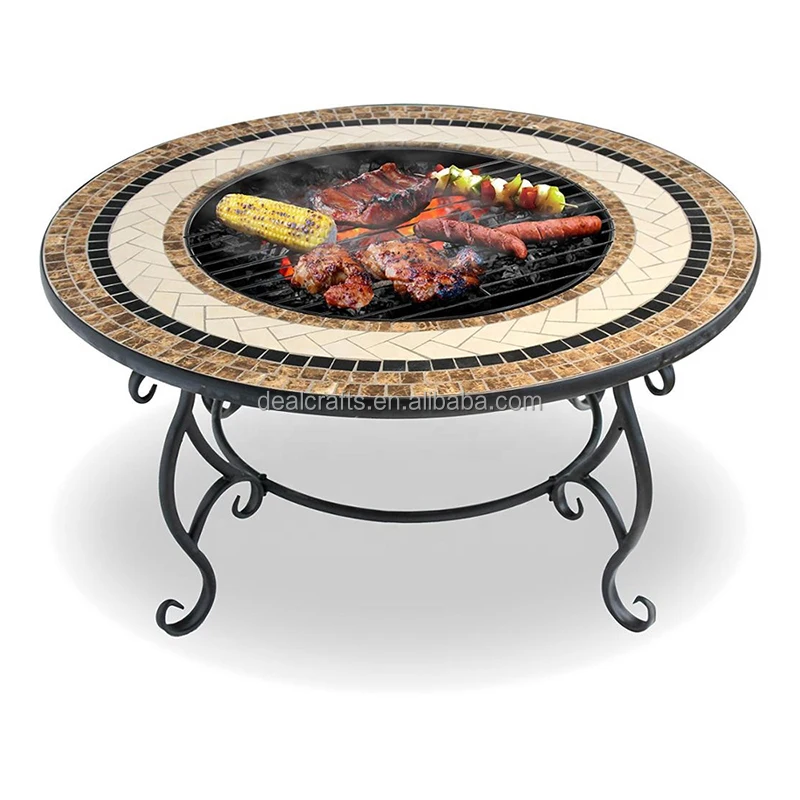 Round Outdoor Iron with Mosaic Top Fire Pit Table Marble Fire Pit