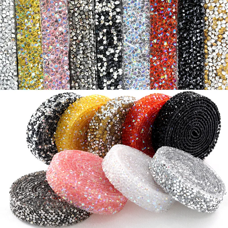 Iron on Heat Transfer Hot Fix Crystal Rock Ribbon Gilded Bottom Crystal Resin Rhinestone Trim Tape for Shoes