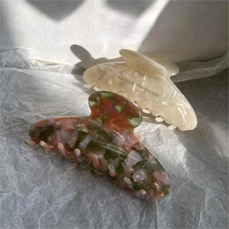 Qianjin Factory Custom LOGO Wholesale hot stamping French environmentally friendly cellulose acetate marble 11cm hair claw clip