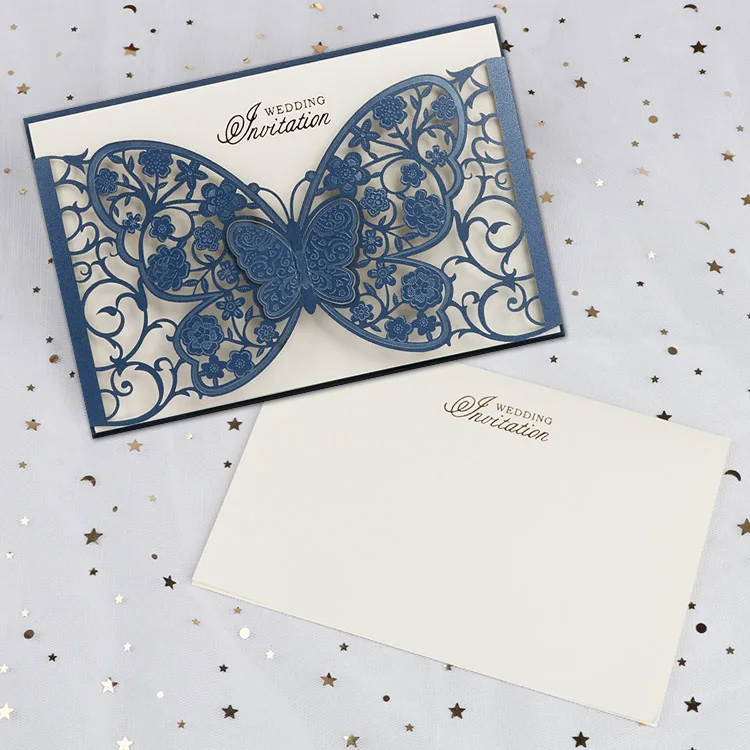 
blank insert customized names fancy invitation cards navy blue wedding invitation 