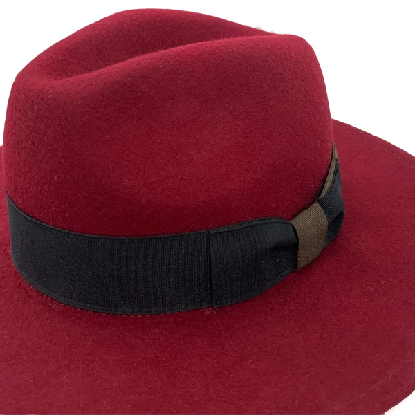 Wholesale New Trendy Ladies Dark Red 100% Wool Felt Women Flat Brim Handmade Wide Brim Jazz Fedora Hat  With Ribbon Rope