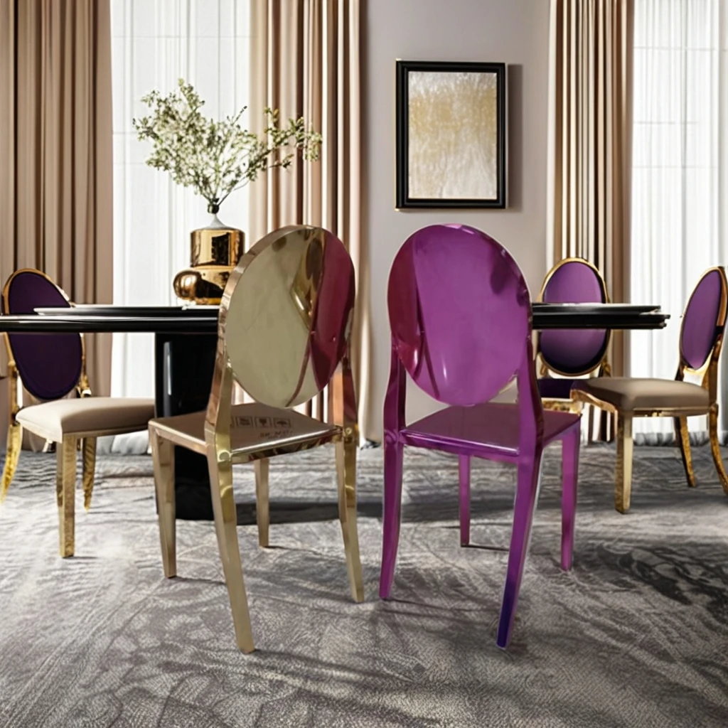 Luxury Gold Purple Ghost Chair Modern Stainless Steel Banquet Wedding Dining Hotel Chairs Leather PU Stacking Contemporary