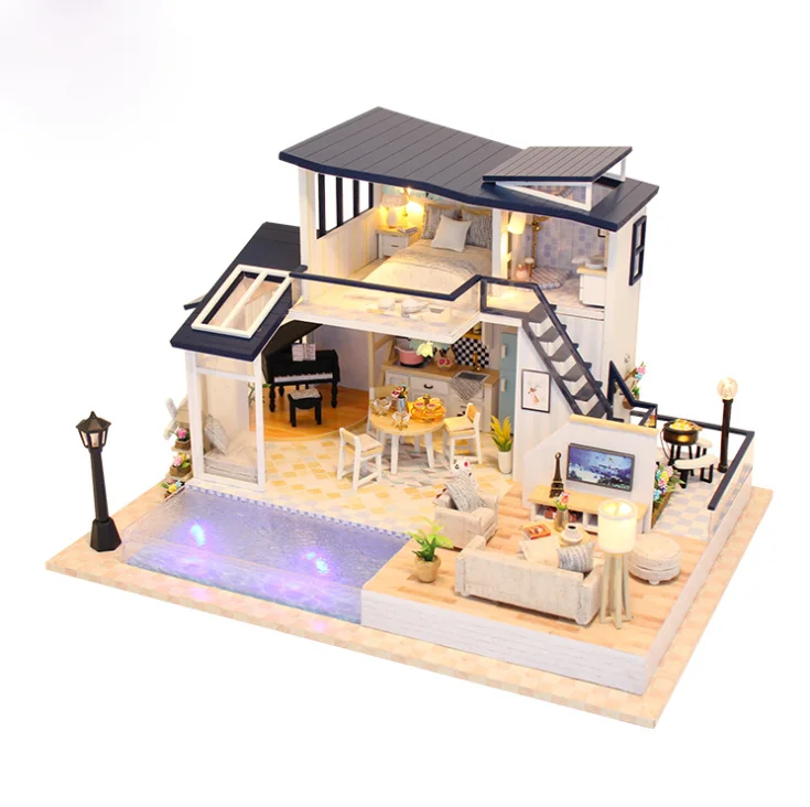 Новый стиль Amazon, Лидер продаж, деревянная вилла в европейском стиле с двумя этажами и освещением для бассейна, изысканные модели игрушек для детей, подарок