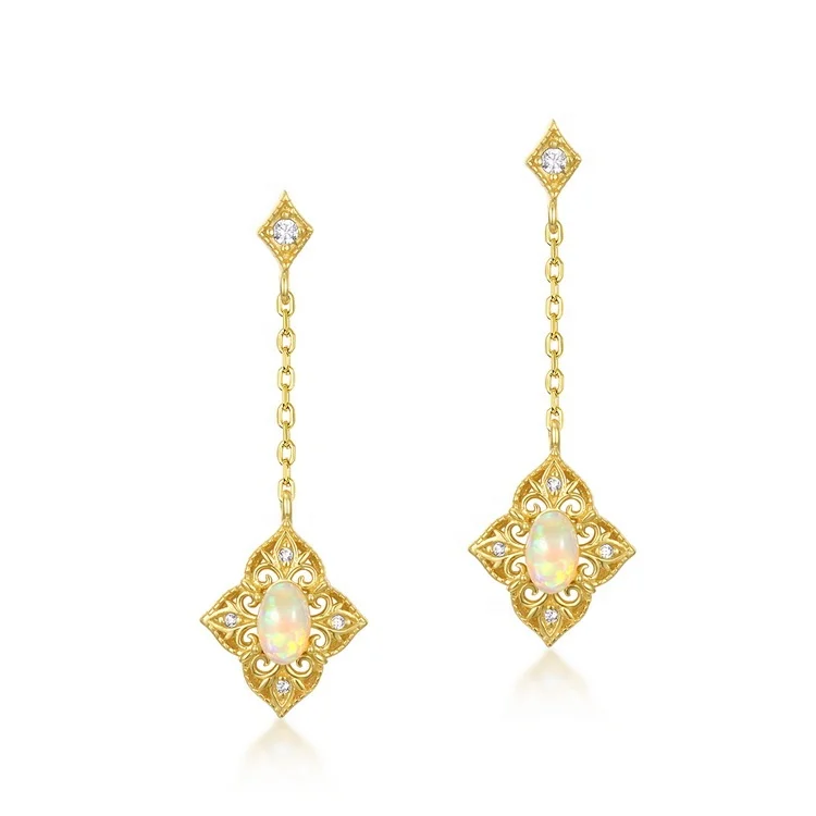 Factory Price Fashion Natural Gemstone Long Link Chain Dangle Earrings Gold Plated Opal 5A CZ Drop Stud Earrings