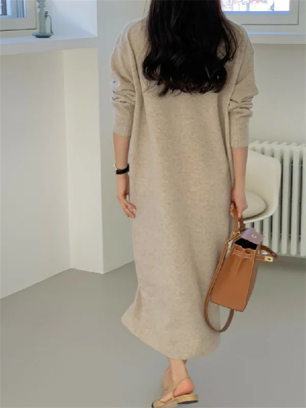 European American plus size knitted dress autumn winter Japanese Korean fashion slimming V-Neck Collar Knitting dress