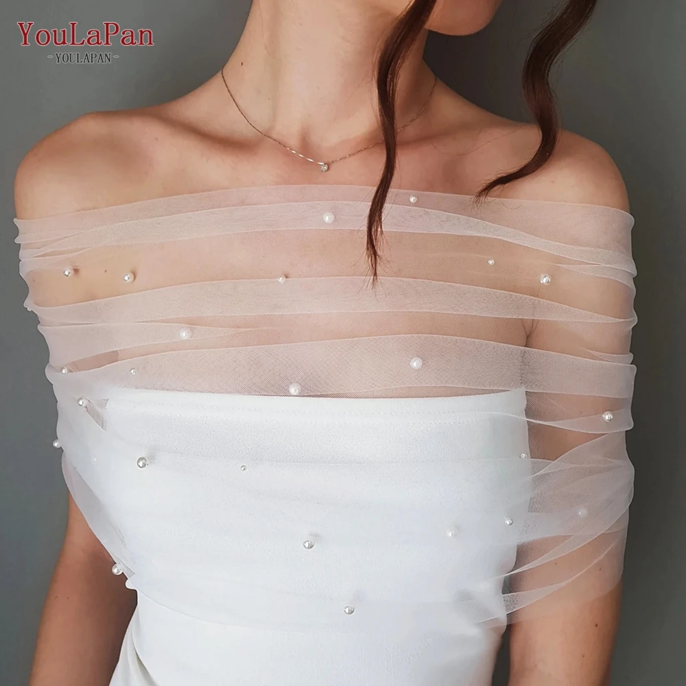 YouLaPan VG73 Ladies Soft Mesh Pearl Shoulder Decoration Party Accessories Bridal Dress Off Shoulder Tube Top Bolero