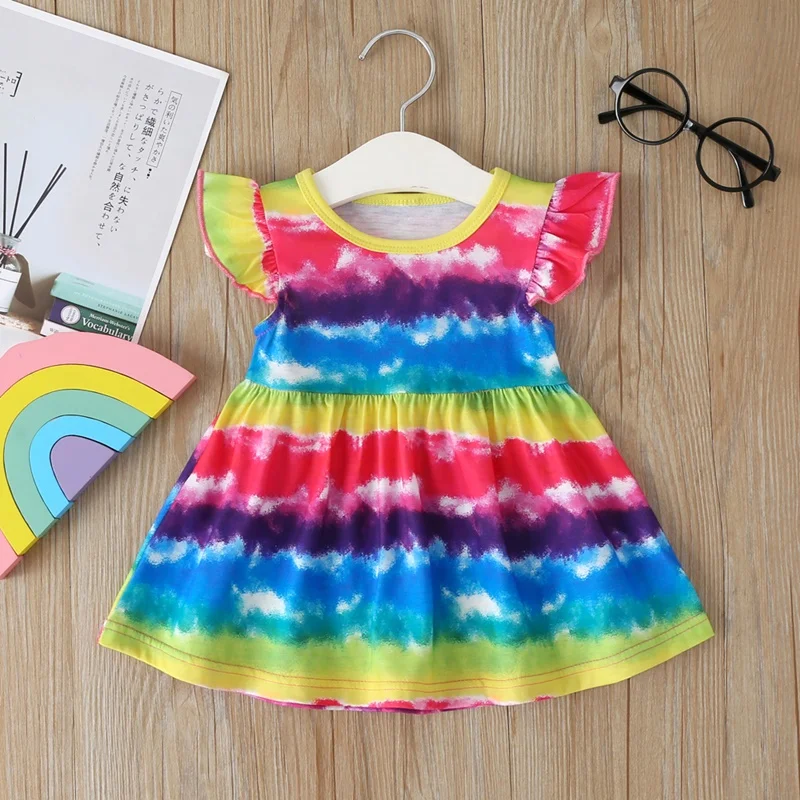 New Toddler Kids Baby Girls Dress Fly Sleeve Colorful Rainbow Striped Dresses for Girl Fashion A-line Sundress Summer Clothing