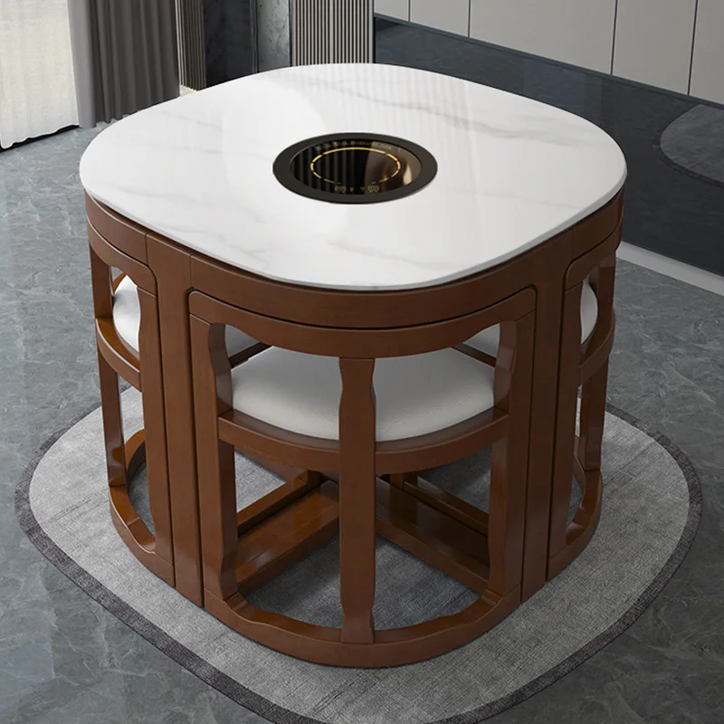 Marble Rock Slab Dining Table Set Luxury Solid Wood Induction Cooktop Space Saving Lightweight Small Household Modern Design